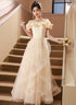 A-line Light Champagne Off Shoulder Prom Dress, Off Shoulder Evening Dress