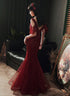 Wine Red Mermaid Tulle Beaded V-neckline Prom Dress, Wine Red Evening Dress