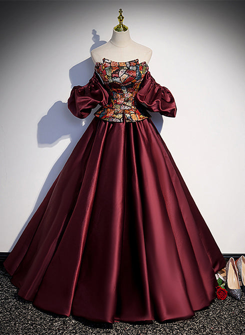 Elegant Burgundy Satin Off Shoulder Evening Dress, Burgundy Prom Dress