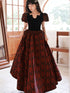 Gothic Black and Red Floral Short Sleeves Prom Dress, A-line Black and Red Evening Dress Formal Dress