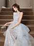 Cute Sequins Halter Party Dress with Layered Tulle High-Low Skirt, Long Formal Dress Prom Dress