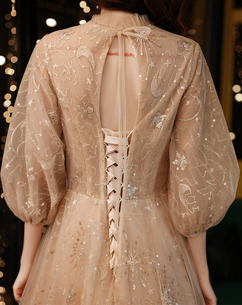 Light Champagne Tulle with Lace Long Party Dress, A-line Tulle Puffy Sleeves Prom Dress