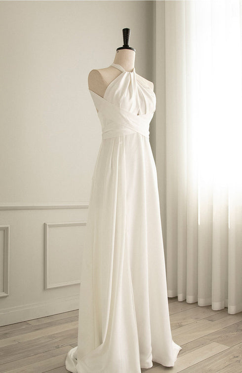 White Haler Satin Long Party Dress Prom Dress, White Satin Evening Dress