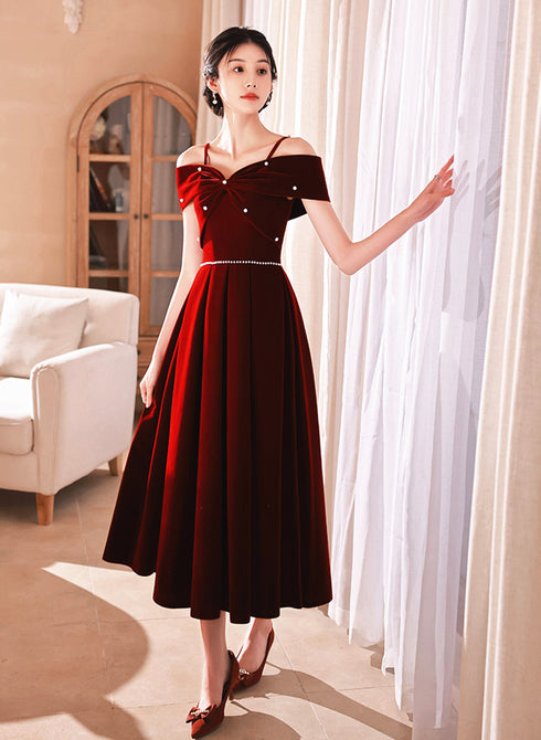 Wine Red Off Shoulder Straps Tea Length Formal Dress, Wine Red Homecoming Dress