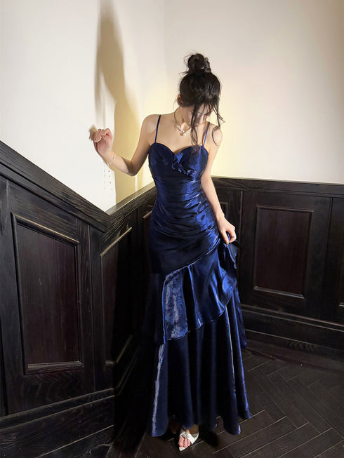 Navy Blue Mermaid Sweetheart Straps Party Dress, Navy Blue Long Prom Dress Evening Dress