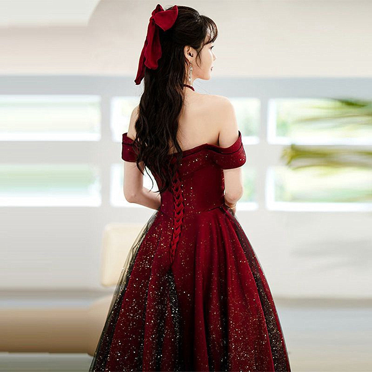 Wine Red and Black Off Shoulder Satin Party Dress, Red and Black Long