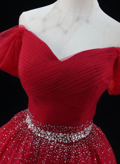 Red Tulle Beaded Off Shoulder Homecoming Dress, Short Red Formal Dress