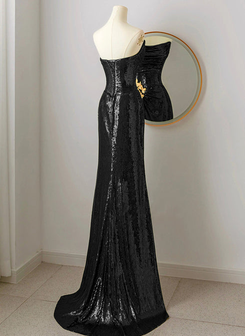 Black Scoop Sequins Floor Length Prom Dress, Black Sequins Evening Dress