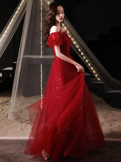A-line Wine Red Off Shoulder Shiny Tulle Prom Dress, Sweetheart Simple Long Party Dress