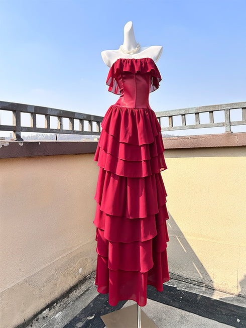 Wine Red Chiffon Layers Strapless Floor Length Party Dress, Wine Red Long Prom Dress
