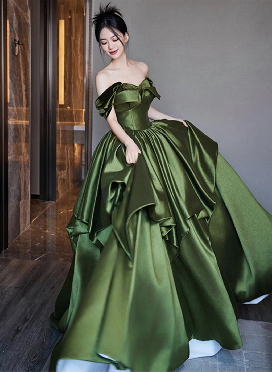 floor length green dress Green Satin A-line Off Shoulder Floor Length Party Dress, Green Long Prom Dress US size 20W / Custom Color