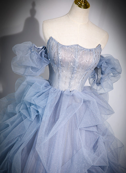 Blue Tulle Long Beaded Off Shoulder Prom Dress, Blue Evening Dress Party Dress