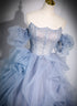 Blue Tulle Long Beaded Off Shoulder Prom Dress, Blue Evening Dress Party Dress