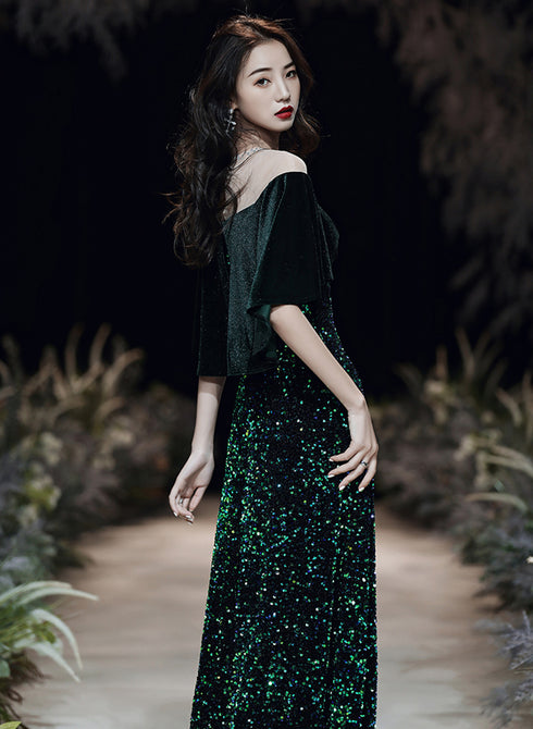 Dark Green Velvet and Sequins Mermaid Long Prom Dress, Dark Green Formal Dress