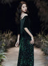 Dark Green Velvet and Sequins Mermaid Long Prom Dress, Dark Green Formal Dress