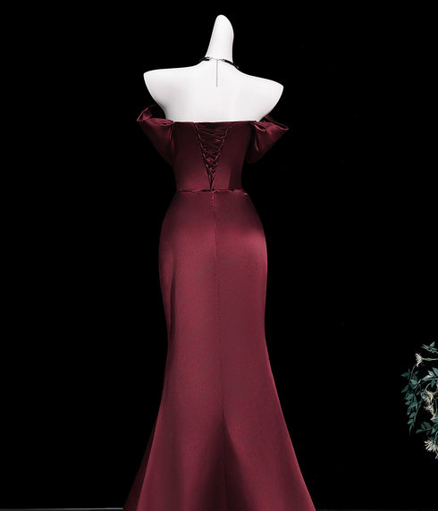 Wine Red Satin Off Shoulder Floor Length Party Dress, Wine Red Strapless Evening Dress