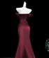 Wine Red Satin Off Shoulder Floor Length Party Dress, Wine Red Strapless Evening Dress