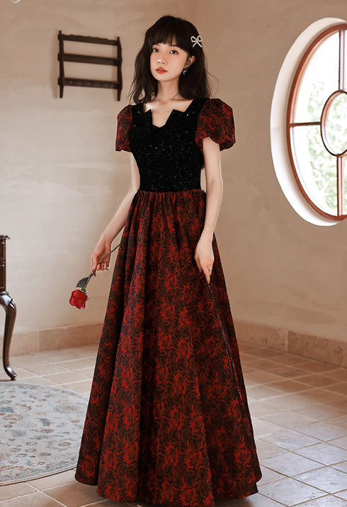 Gothic Black and Red Floral Short Sleeves Prom Dress, A-line Black and Red Evening Dress Formal Dress