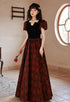 Gothic Black and Red Floral Short Sleeves Prom Dress, A-line Black and Red Evening Dress Formal Dress