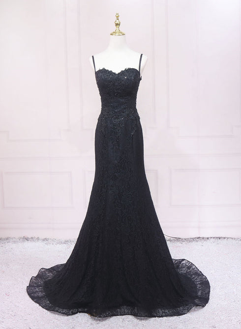 Black Lace Straps Long Party Dress Prom Dress, Black Evening Dress