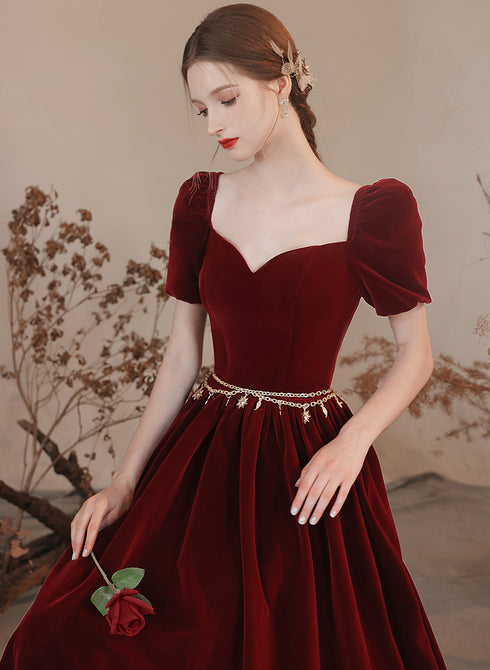 Wine Red Off Shoulder Velvet Long Party Dress, A-line Wine Red Sweetheart Prom Dress