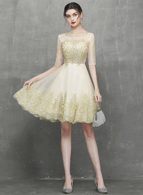Champagne Knee Length Tulle with Lace Party Dress, Short Homecoming Dress