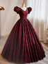 A-line Black and Red Lace Short Sleeves Party Dress, Black and Red Long Formal Dress