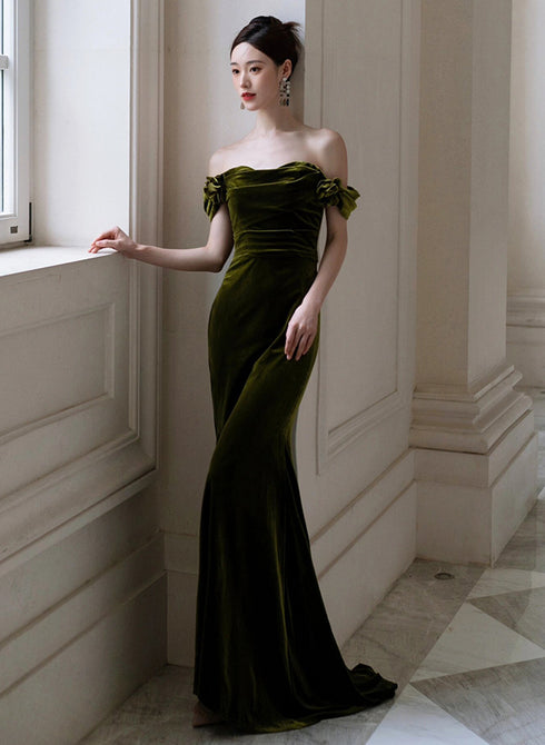 Green Mermaid Sweetheart Off Shoulder Formal Dress, Green Velvet Prom Dress