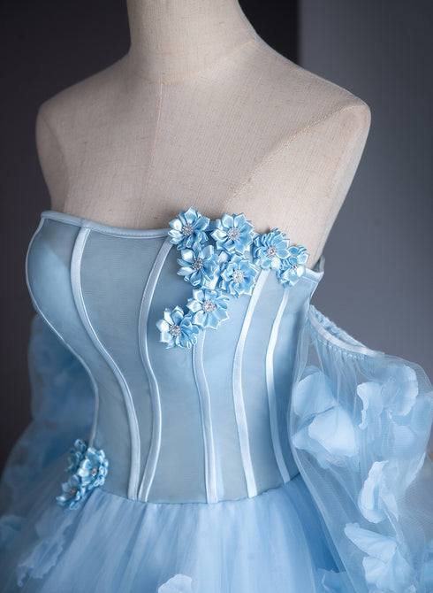 Blue Flowers and Tulle Puffy Sleeves Prom Dress, Blue Sweet 16 Dress