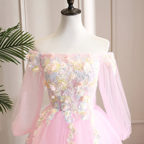 Cute Pink Ball Gown Sweet 16 Dress with Flowers, Pink Tulle Long Formal Dress