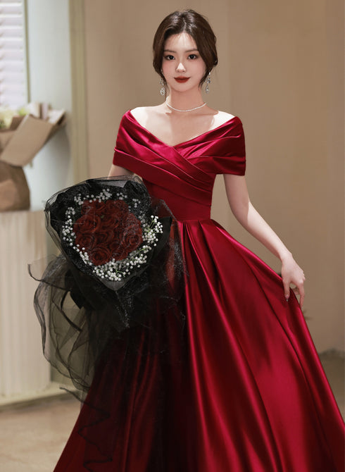Wine Red Satin A-line Off Shoulder Long Party Dress, Wine Red Simple Prom Dress
