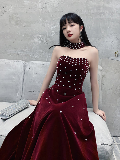 Wine Red Velvet Beaded Long Prom Dress, Wine Red Velvet Party Dress