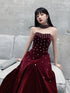 Wine Red Velvet Beaded Long Prom Dress, Wine Red Velvet Party Dress