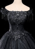 Black Tulle Off Shoulder with Lace Applique Party Dress, Black Tulle Long Sweet 16 Dress