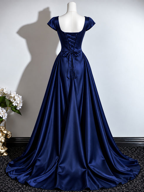 Navy Blue Satin Cap Sleeve Formal Evening Dress, A-line Navy Blue Ruched Long Prom Dress