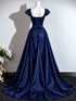 Navy Blue Satin Cap Sleeve Formal Evening Dress, A-line Navy Blue Ruched Long Prom Dress