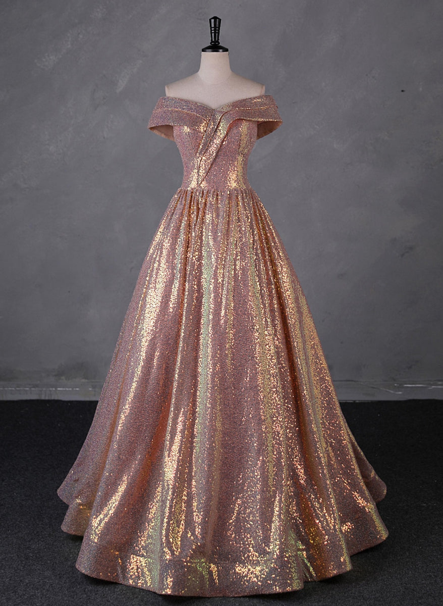 Charming Rose Gold Sequins Long Party Dress, Off Shoulder Sequins Prom