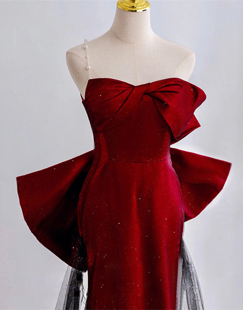 Chic Wine Red and Black Satin Long Party Dress, Beautiful Prom Dress