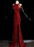 Wine Red Sequins Halter Mermaid Floor Length Party Dress, Wine Red Sequins Long Prom Dress