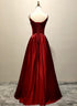 Wine Red Satin Straps Beaded Long Party Dress, Wine Red A-line Prom Dress
