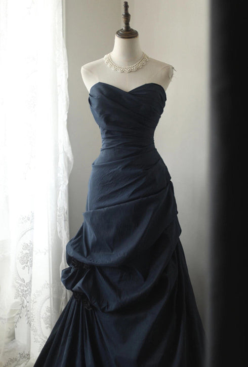 Navy Blue Sweetheart Style Taffeta Long Prom Dress, Navy Blue Party Dress