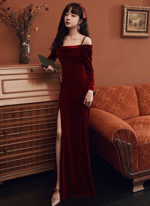 Beautiful Wine Red Velvet Off Shoulder Party Dress, Mermaid Long Prom Dress Evening Dress