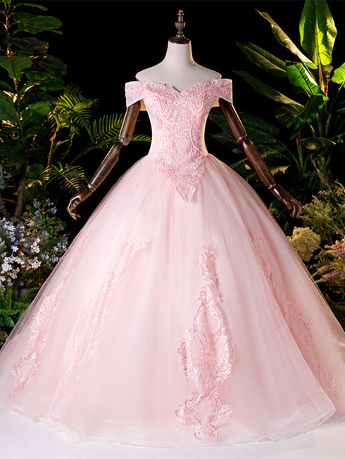 Pink Tulle Off Shoulder Party Dress with Lace Applique, Pink Tulle Sweet 16 Dresses