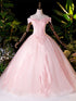 Pink Tulle Off Shoulder Party Dress with Lace Applique, Pink Tulle Sweet 16 Dresses