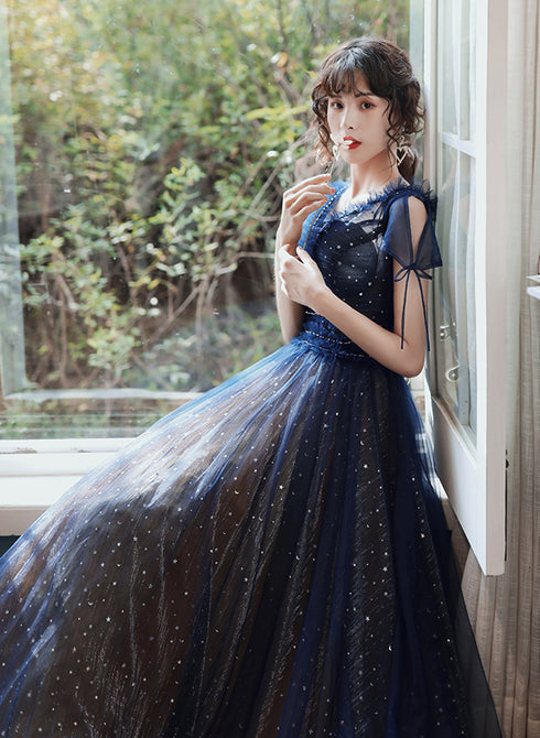 Navy Blue A-line Short Sleeves V-neckline Party Dress, Navy Blue Prom Dress