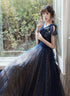 Navy Blue A-line Short Sleeves V-neckline Party Dress, Navy Blue Prom Dress