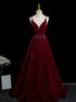 Wine Red Velvet V-neckline Long Party Dress Evening Dress, Wine Red Velvet Prom Dress