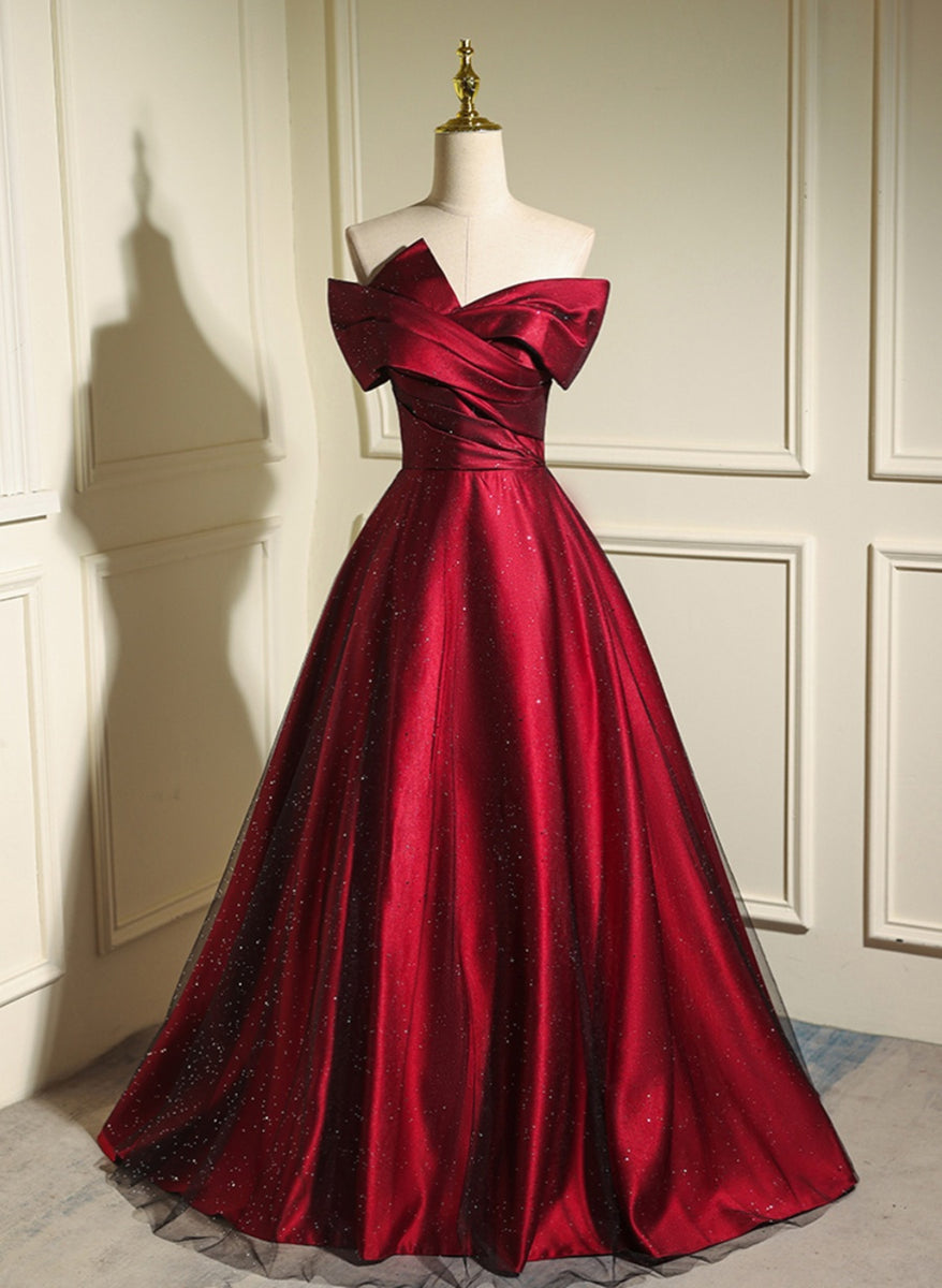 Wine Red and Black Sweetheart Off Shoulder Prom Dress, A-line Evening