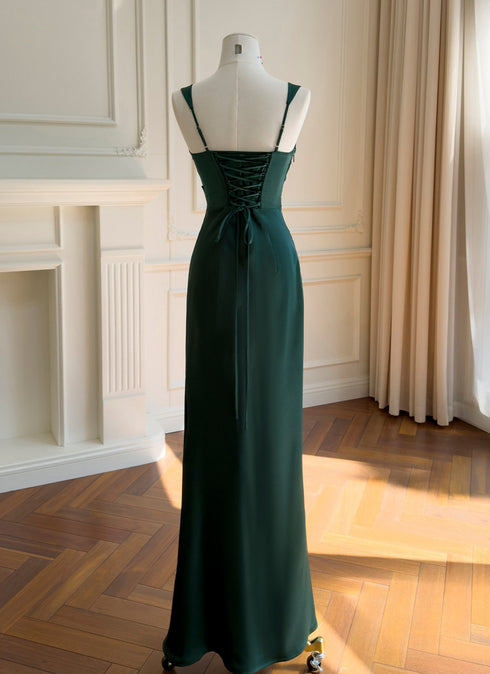 Elegant Emerald Green Satin Evening Dress, Square Neck Ruched Bodycon Maxi Prom Gown