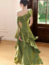 Elegant Green One Shoulder Ruffle Layered Prom Dress, Green A-line Floor Length Party Dress